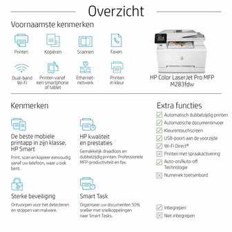 HP Color LaserJet Pro MFP M283fdw, Printen, kopi&euml;ren, scannen, faxen, Printen via USB-poort aan voorzijde; Scannen naar e-mail; Dubbelzijdig printen; ADF voor 50 vel ongekruld