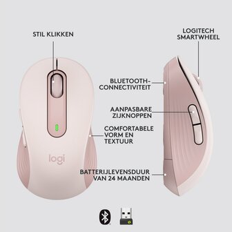 Logitech Signature M650 Draadloze Muis - Voor kleine tot middelgrote handen, 2 jaar batterijduur, stil klikken, aanpasbare zijknoppen, Bluetooth, compatibel met meerdere apparaten - Roze