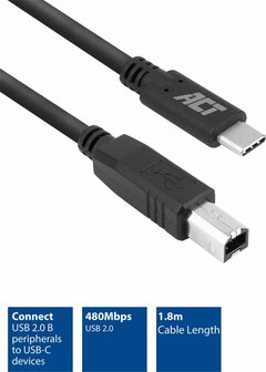 ACT USB 2.0 kabel, USB-C naar USB-B, 1,8 meter