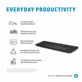 HP 125 Wired USB Keyboard QWERTY US International Zwart