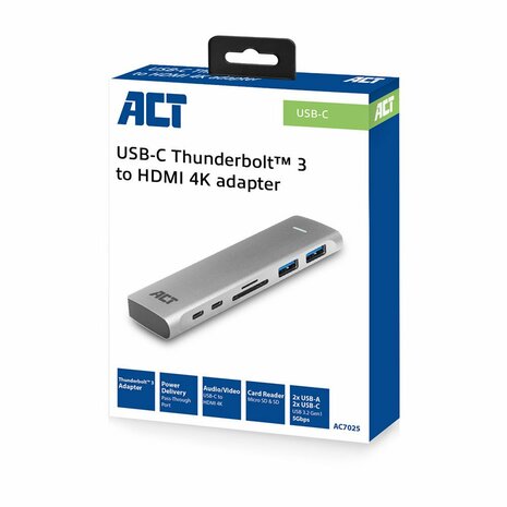 ACT AC7025 USB-C Thunderbolt™ 3 naar HDMI multiport adapter 4K, USB hub, cardreader en PD pass through