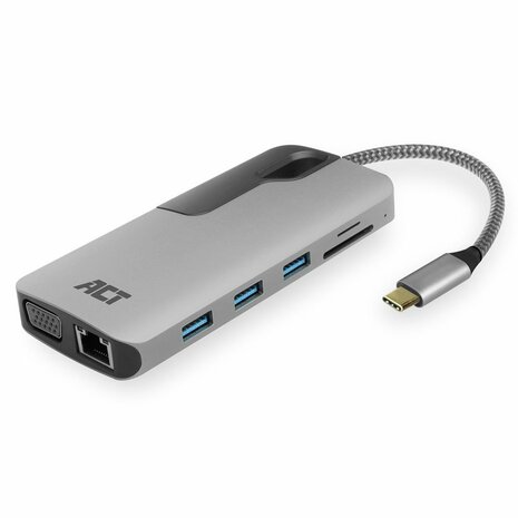 ACT AC7043 USB-C naar HDMI of VGA multiport adapter met ethernet, USB hub, cardreader, audio en PD pass through