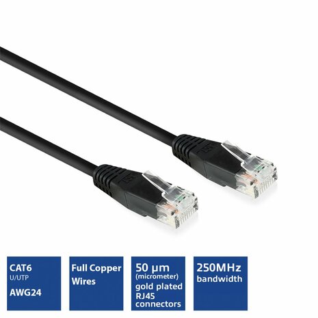 ACT Zwarte 10 meter UTP CAT6 patchkabel met RJ45 connectoren