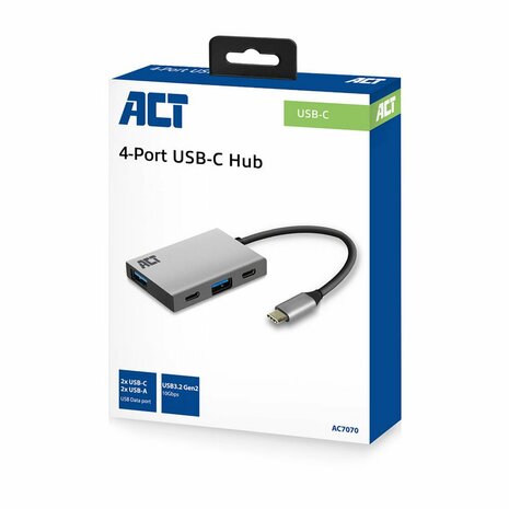 ACT AC7070 USB-C Hub 4 port met 2x USB-C en 2x USB-A, SuperSpeed 10Gbit/s