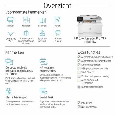 HP Color LaserJet Pro MFP M283fdw, Printen, kopiëren, scannen, faxen, Printen via USB-poort aan voorzijde; Scannen naar e-mail; Dubbelzijdig printen; ADF voor 50 vel ongekruld