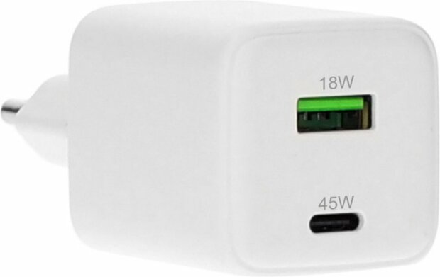 Mobiparts GaN Wall Charger USB-C/USB-A3.0/QC 45W Wit