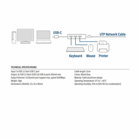 ACT AC7055 3-Poorts USB-C 3.2 (USB 3.0) Hub met Gigabit ethernet poort