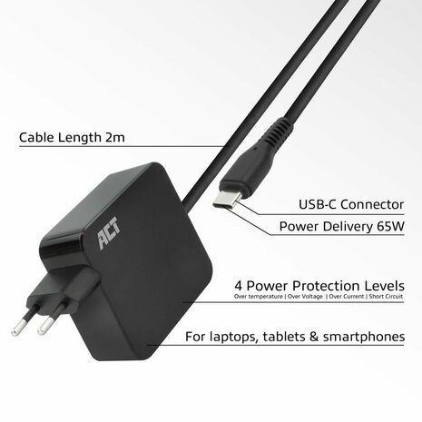 ACT USB-C laptoplader 65W PDP 2m