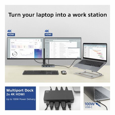 ACT USB-C 4K MST dockingstation voor 2 HDMI-monitoren, Ethernet, USB-C, 3x USB-A, PD passthrough en 1 meter lange afneembare USB-C-kabel