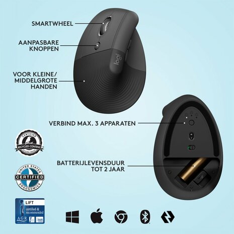 Logitech Lift muis Linkshandig RF-draadloos + Bluetooth Optisch 4000 DPI