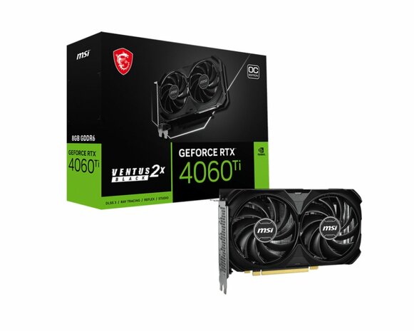 MSI GeForce RTX 4060 Ti VENTUS 2X BLACK E1 OC | 8GB GDDR6 VRAM | Videokaart | GPU | Nvidia